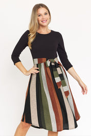 Quarter Sleeve Stripe Sash Midi Dress