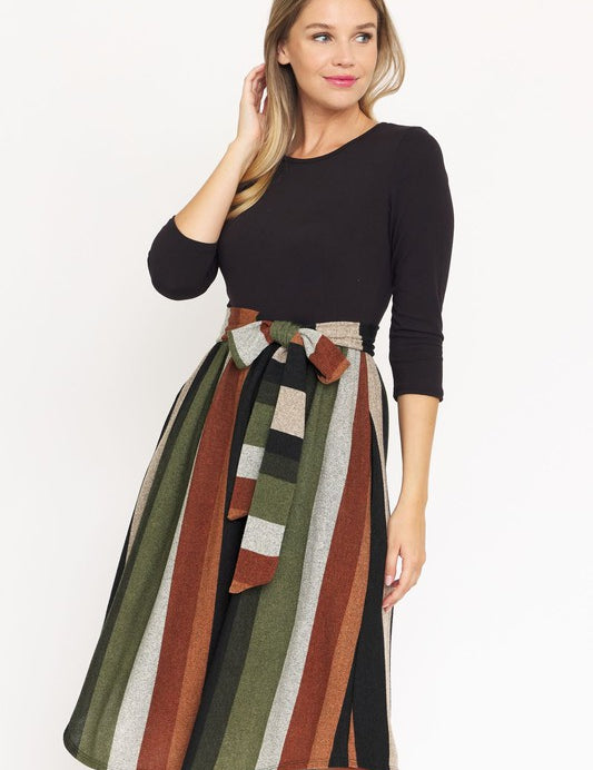 Quarter Sleeve Stripe Sash Midi Dress