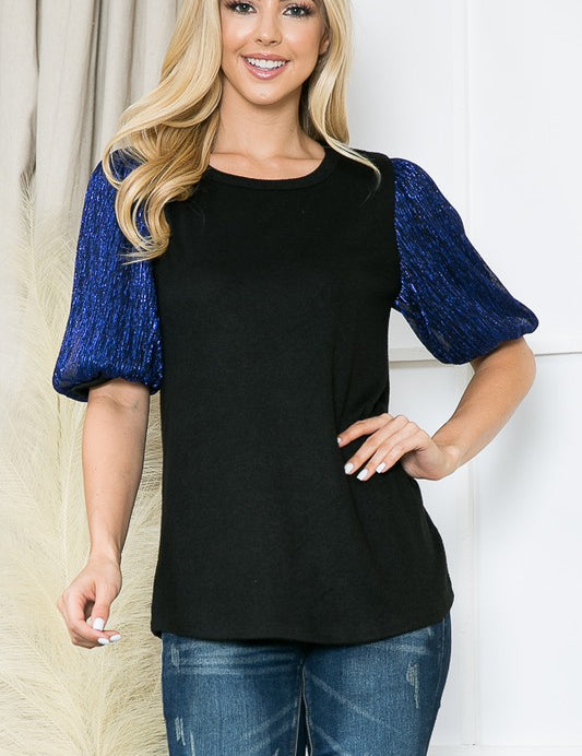 Women's Metallic Pleated Bubble Sleeve Knit Top