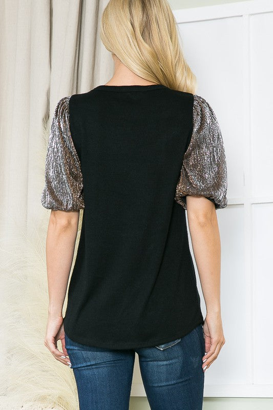 Women's Metallic Pleated Bubble Sleeve Knit Top