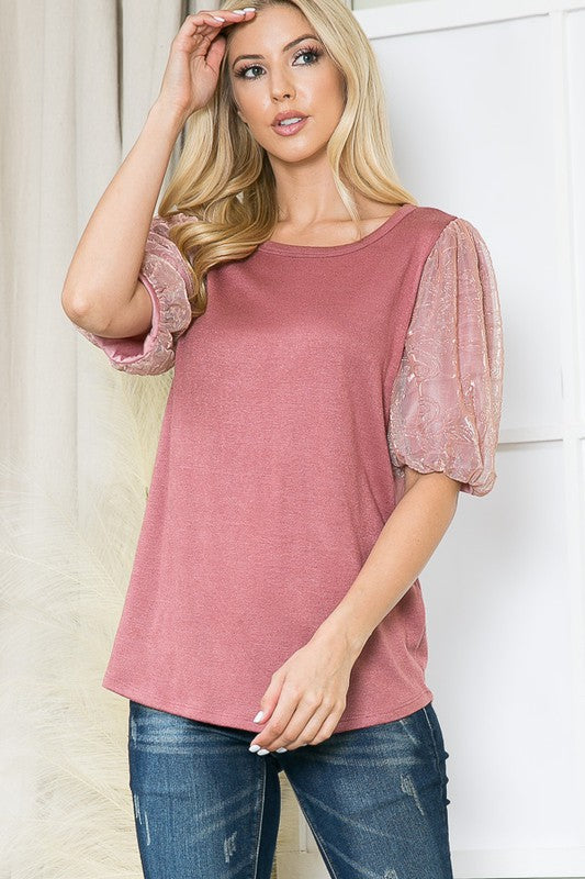 Women's Metallic Pleated Bubble Sleeve Knit Top