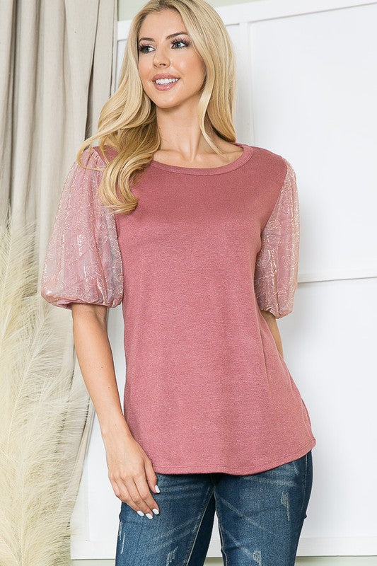 Women's Metallic Pleated Bubble Sleeve Knit Top