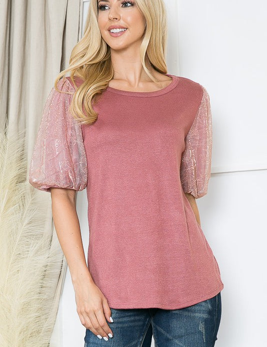 Women's Metallic Pleated Bubble Sleeve Knit Top