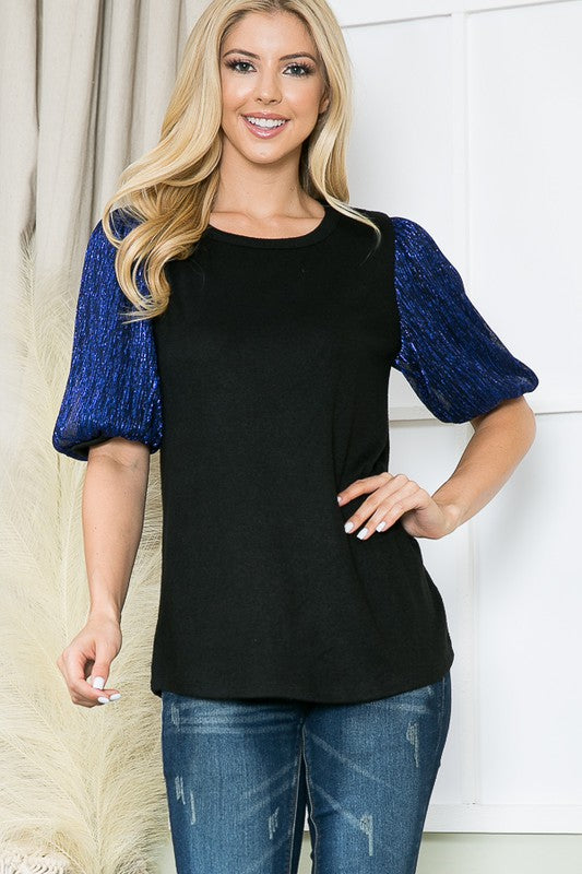 Women's Metallic Pleated Bubble Sleeve Knit Top