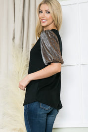 Women's Metallic Pleated Bubble Sleeve Knit Top