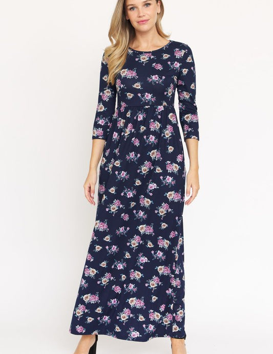 Bouquet Floral Quarter Sleeve Maxi Dress