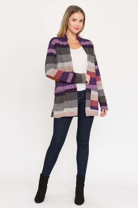 Women's Multi Stripe Cardigan with Elbow Patches