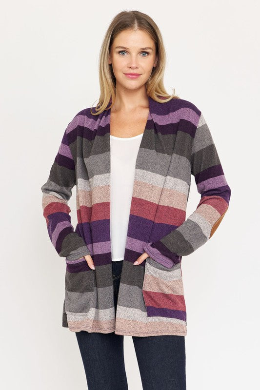 Women's Multi Stripe Cardigan with Elbow Patches