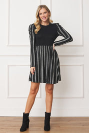 Plus Size Pinstripe Puff Shoulder Flare Dress