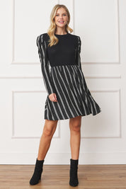 Plus Size Pinstripe Puff Shoulder Flare Dress