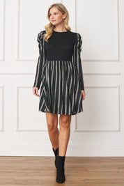 Plus Size Pinstripe Puff Shoulder Flare Dress