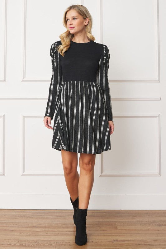 Plus Size Pinstripe Puff Shoulder Flare Dress