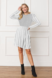 Plus Size Pinstripe Puff Shoulder Flare Dress