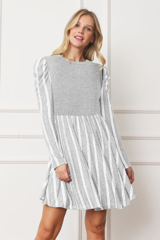 Plus Size Pinstripe Puff Shoulder Flare Dress