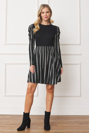 Plus Size Pinstripe Puff Shoulder Flare Dress