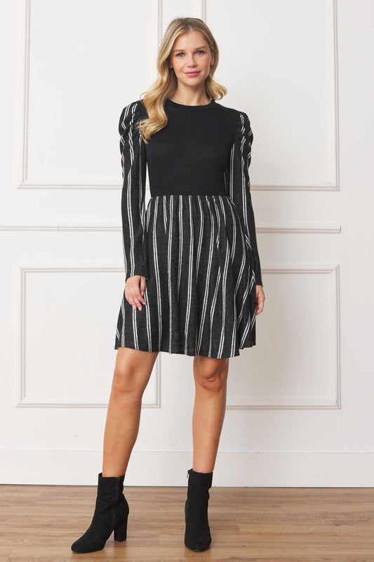 Plus Size Pinstripe Puff Shoulder Flare Dress