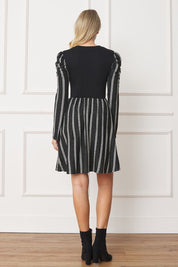 Plus Size Pinstripe Puff Shoulder Flare Dress