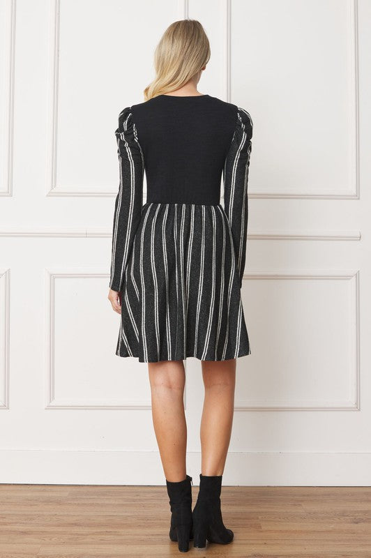 Plus Size Pinstripe Puff Shoulder Flare Dress