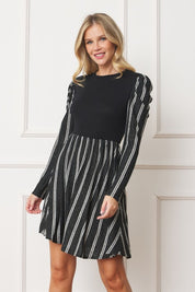 Plus Size Pinstripe Puff Shoulder Flare Dress