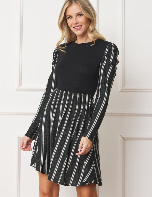 Plus Size Pinstripe Puff Shoulder Flare Dress