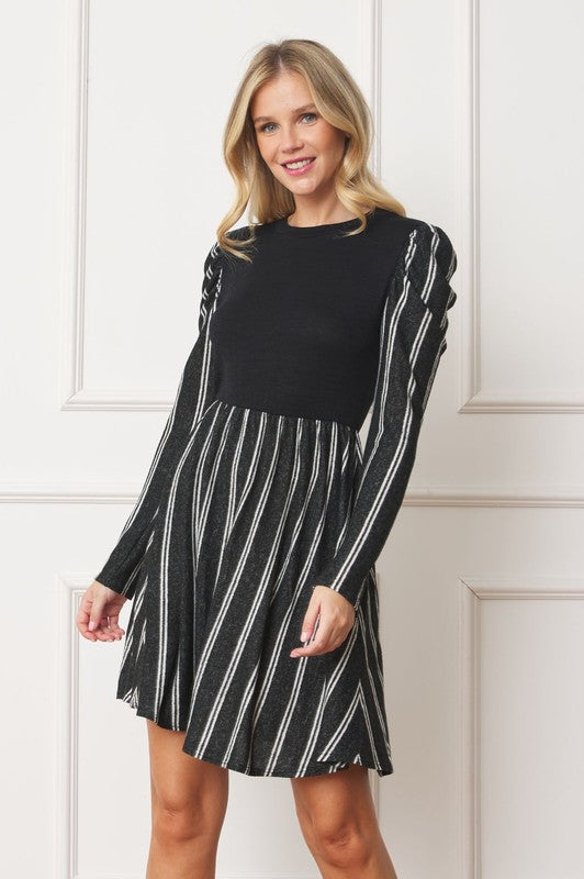 Plus Size Pinstripe Puff Shoulder Flare Dress