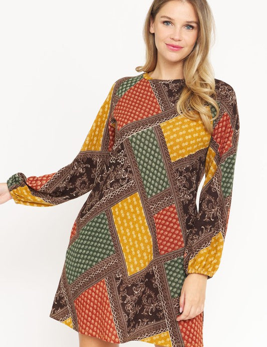 Women's Bishop Sleeve Multi Patch Pattern Mini Dress