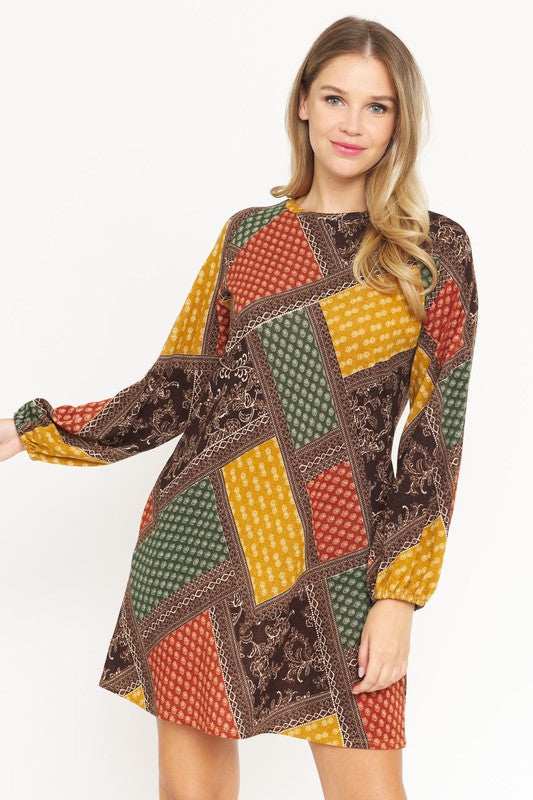 Women's Bishop Sleeve Multi Patch Pattern Mini Dress