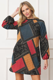 Women's Bishop Sleeve Multi Patch Pattern Mini Dress