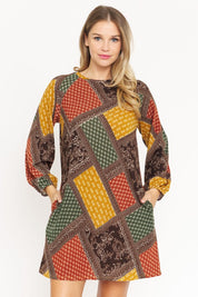 Women's Bishop Sleeve Multi Patch Pattern Mini Dress