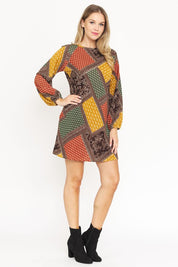 Women's Bishop Sleeve Multi Patch Pattern Mini Dress