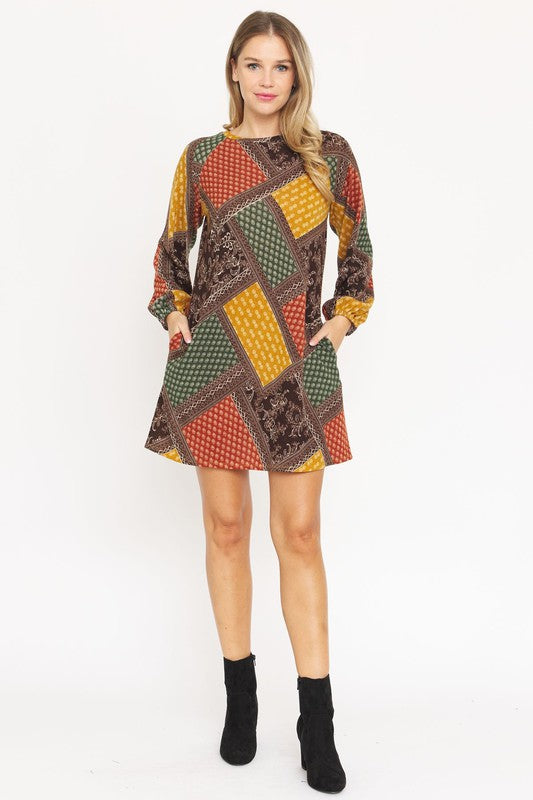 Women's Bishop Sleeve Multi Patch Pattern Mini Dress