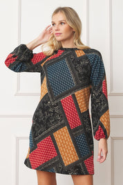 Women's Bishop Sleeve Multi Patch Pattern Mini Dress