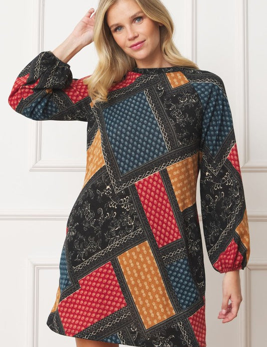 Women's Bishop Sleeve Multi Patch Pattern Mini Dress