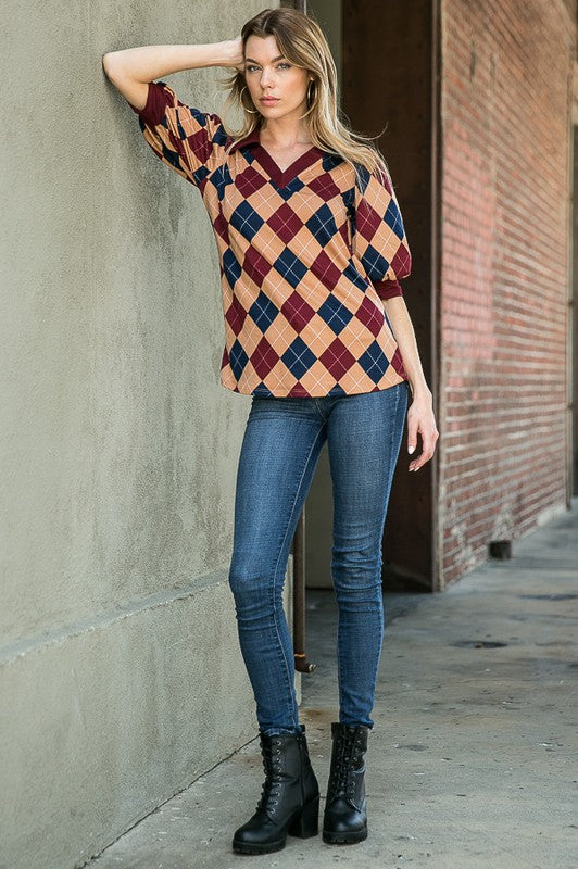 Women's Argyle Print Collared Top