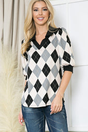 Women's Argyle Print Collared Top