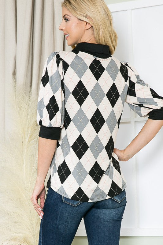 Women's Argyle Print Collared Top