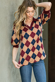 Women's Argyle Print Collared Top