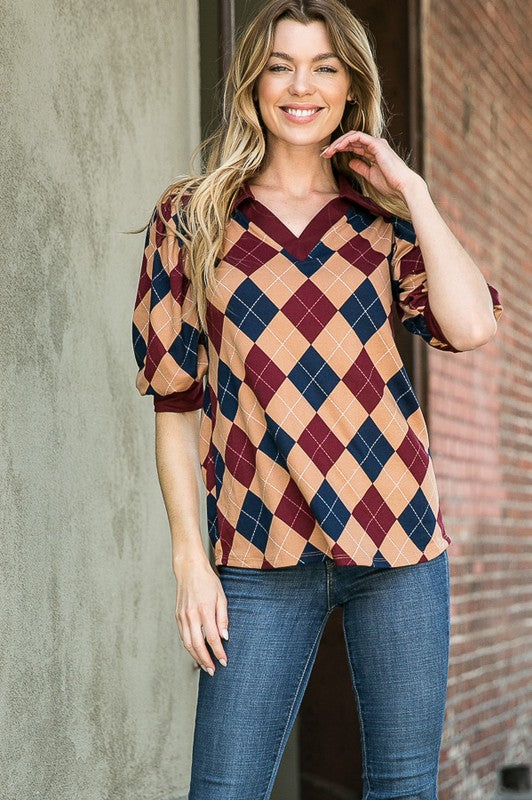 Women's Argyle Print Collared Top