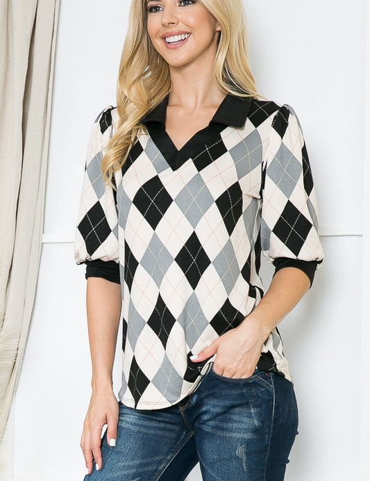 Women's Argyle Print Collared Top