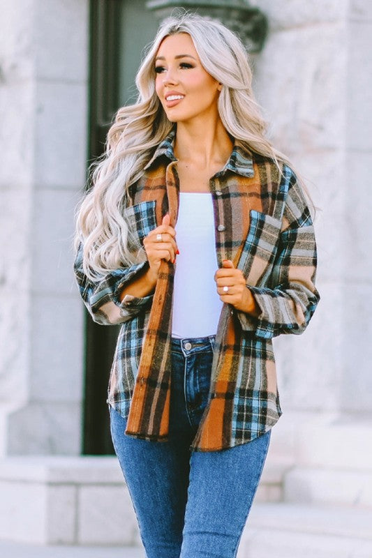 Women's Long Sleeve Plaid Button-Up Shirt with Pockets