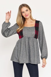 Women's Terry Plaid Contrast Baby Doll Tunic