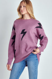 Plus Size Women's Long Sleeve Bolt Print Crew Neck Sweater