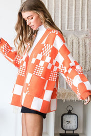 Plus Size Oversized Block Check Knit Cardigan