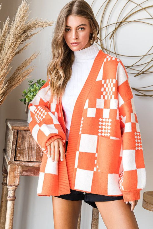 Plus Size Oversized Block Check Knit Cardigan