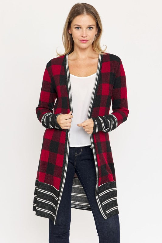 Women's Long Buffalo Plaid Open Cardigan with Stripe Trim