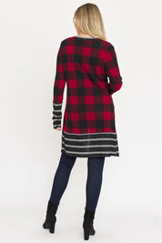 Women's Long Buffalo Plaid Open Cardigan with Stripe Trim