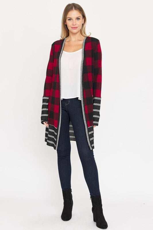 Women's Long Buffalo Plaid Open Cardigan with Stripe Trim