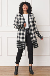 Women's Long Buffalo Plaid Open Cardigan with Stripe Trim