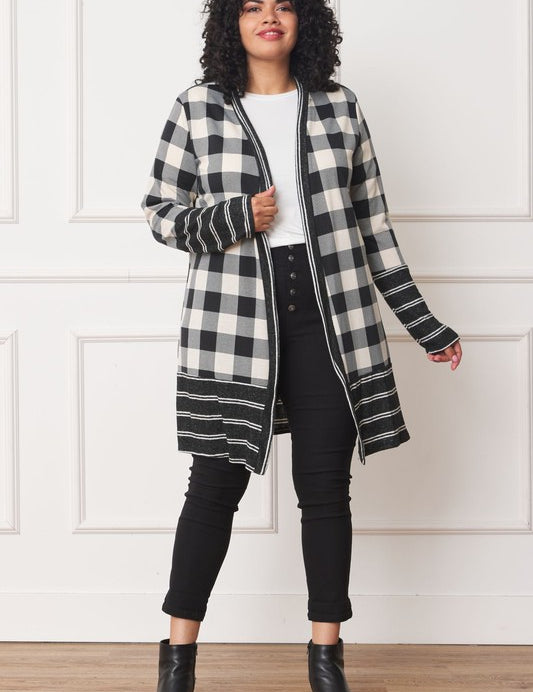 Women's Long Buffalo Plaid Open Cardigan with Stripe Trim