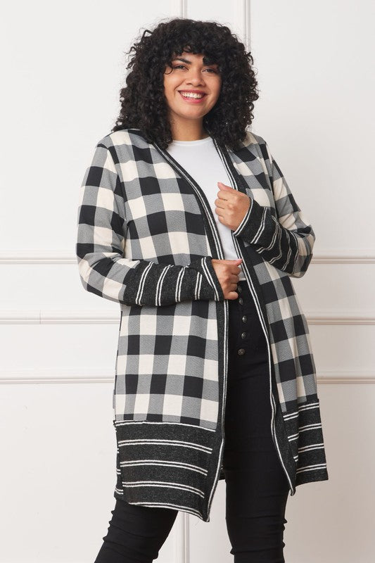 Women's Long Buffalo Plaid Open Cardigan with Stripe Trim